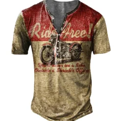 Men's T shirt Tee Henley Shirt Tee Graphic Motorcycle Henley Blue red Red Blue Purple Green 3D Print Plus Size Outdoor Casual Short Sleeve Button-Down Print Clothing Apparel Designer Stylish Retro