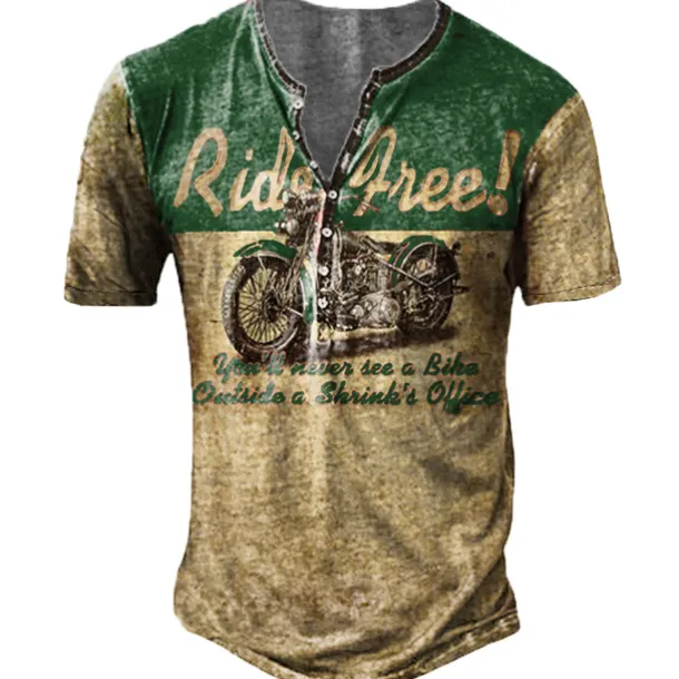 Men's T shirt Tee Henley Shirt Tee Graphic Motorcycle Henley Blue red Red Blue Purple Green 3D Print Plus Size Outdoor Casual Short Sleeve Button-Down Print Clothing Apparel Designer Stylish Retro