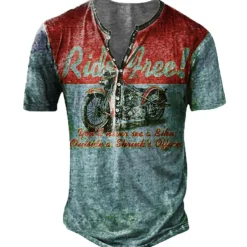 Men's T shirt Tee Henley Shirt Tee Graphic Motorcycle Henley Blue red Red Blue Purple Green 3D Print Plus Size Outdoor Casual Short Sleeve Button-Down Print Clothing Apparel Designer Stylish Retro