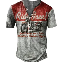 Men's T shirt Tee Henley Shirt Tee Graphic Motorcycle Henley Blue red Red Blue Purple Green 3D Print Plus Size Outdoor Casual Short Sleeve Button-Down Print Clothing Apparel Designer Stylish Retro