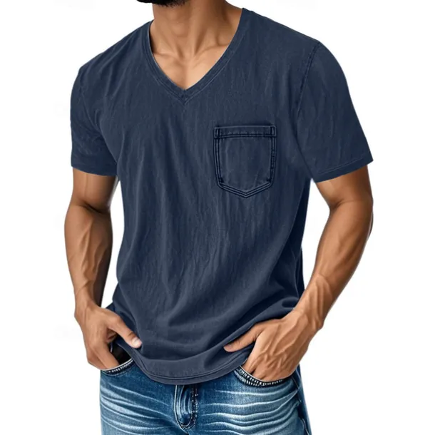 Men's T Shirt Tee Short Sleeve Shirt Tee Top Short Sleeve V Neck Summer Plain Fashion Designer Basic Pocket Vacation Street Going out Black Navy Blue Blue Top Tee for Men