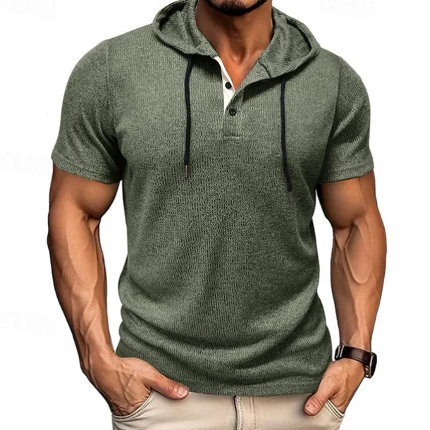 Men's T Shirt Tee Short Sleeve Shirt Tee Top Short Sleeve Hooded Summer Plain Fashion Designer Basic Buttons Vacation Street Going out Wine Black Blue Top Tee for Men
