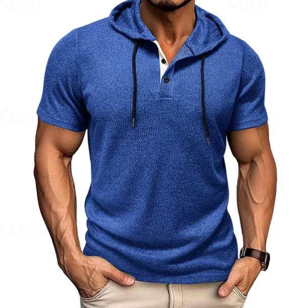 Men's T Shirt Tee Short Sleeve Shirt Tee Top Short Sleeve Hooded Summer Plain Fashion Designer Basic Buttons Vacation Street Going out Wine Black Blue Top Tee for Men
