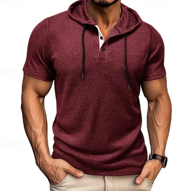 Men's T Shirt Tee Short Sleeve Shirt Tee Top Short Sleeve Hooded Summer Plain Fashion Designer Basic Buttons Vacation Street Going out Wine Black Blue Top Tee for Men
