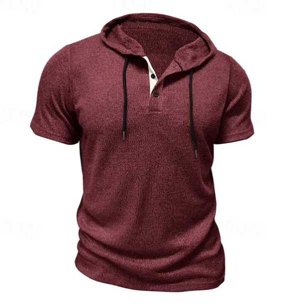 Men's T Shirt Tee Short Sleeve Shirt Tee Top Short Sleeve Hooded Summer Plain Fashion Designer Basic Buttons Vacation Street Going out Wine Black Blue Top Tee for Men