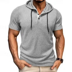 Men's T Shirt Tee Short Sleeve Shirt Tee Top Short Sleeve Hooded Summer Plain Fashion Designer Basic Buttons Vacation Street Going out Wine Black Blue Top Tee for Men