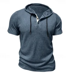 Men's T Shirt Tee Short Sleeve Shirt Tee Top Short Sleeve Hooded Summer Plain Fashion Designer Basic Buttons Vacation Street Going out Wine Black Blue Top Tee for Men