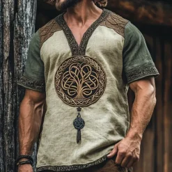 Men's T Shirt Tee Short Sleeve Shirt Tee Top Short Sleeve V Neck Summer Tree Viking Bohemia Vintage Casual Ethnic Splice Vacation Street Casual Daily Green Top Tee for Men
