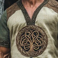 Men's T Shirt Tee Short Sleeve Shirt Tee Top Short Sleeve V Neck Summer Tree Viking Bohemia Vintage Casual Ethnic Splice Vacation Street Casual Daily Green Top Tee for Men