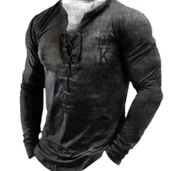 Men's T shirt Tee Tee Graphic Templar Cross Henley Black Light Brown Brown Dark Gray 3D Print Knight Plus Size Outdoor Street Long Sleeve Lace up Print Clothing Apparel Designer Stylish Vintage Basic