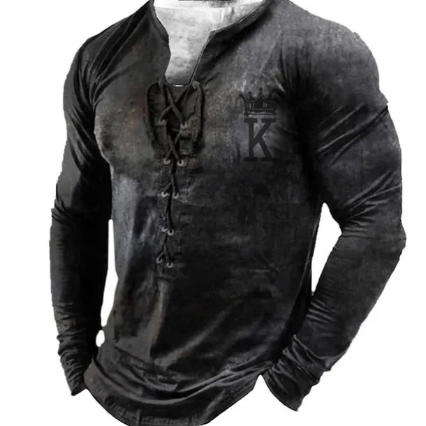 Men's T shirt Tee Tee Graphic Templar Cross Henley Black Light Brown Brown Dark Gray 3D Print Knight Plus Size Outdoor Street Long Sleeve Lace up Print Clothing Apparel Designer Stylish Vintage Basic