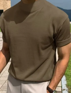 Men's T shirt Tee Tee Top Plain Turtleneck Street Vacation Short Sleeves Knitting Clothing Apparel Fashion Designer Basic
