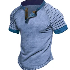 Men's T shirt Tee Tee Top Plain Slim Pleated Standing Collar Street Vacation Short Sleeves Lace up Clothing Apparel Fashion Designer Basic