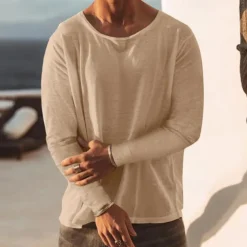 Men's T Shirt Tee Top Long Sleeve Shirt Long Sleeve Crew Neck Spring & Fall Plain Fashion Designer Basic Vacation Street Going out Black Sky Blue Khaki Top Tee for Men