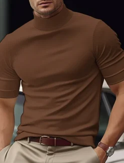 Men's T Shirt Tee Top Mock Turtleneck Short Sleeves Turtleneck Summer Plain Fashion Designer Basic Vacation Street Going out Black White Blue Top Tee for Men