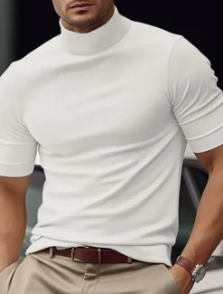 Men's T Shirt Tee Top Mock Turtleneck Short Sleeves Turtleneck Summer Plain Fashion Designer Basic Vacation Street Going out Black White Blue Top Tee for Men
