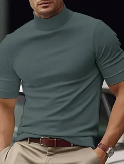 Men's T Shirt Tee Top Mock Turtleneck Short Sleeves Turtleneck Summer Plain Fashion Designer Basic Vacation Street Going out Black White Blue Top Tee for Men