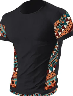 Men's T Shirt Tee Top Short Sleeves Crew Neck Summer Color Block Tribal Fashion Designer Ethnic Vacation Going out Casual Daily Black White Red Top Tee for Men