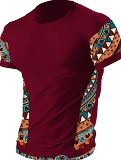 Men's T Shirt Tee Top Short Sleeves Crew Neck Summer Color Block Tribal Fashion Designer Ethnic Vacation Going out Casual Daily Black White Red Top Tee for Men