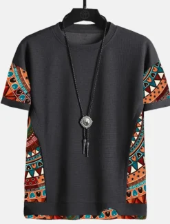 Men's T Shirt Tee Top Short Sleeves Crew Neck Summer Color Block Tribal Fashion Designer Ethnic Vacation Going out Casual Daily Black White Red Top Tee for Men