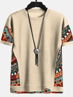 Men's T Shirt Tee Top Short Sleeves Crew Neck Summer Color Block Tribal Fashion Designer Ethnic Vacation Going out Casual Daily Black White Red Top Tee for Men