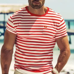 Men's T Shirt Tee Top Short Sleeves Crew Neck Summer Striped Fashion Designer Basic Front Pocket Vacation Street Going out Black Red Navy Blue Top Tee for Men
