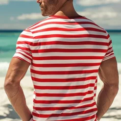 Men's T Shirt Tee Top Short Sleeves Crew Neck Summer Striped Fashion Designer Basic Front Pocket Vacation Street Going out Black Red Navy Blue Top Tee for Men