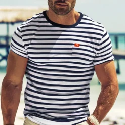 Men's T Shirt Tee Top Short Sleeves Crew Neck Summer Striped Fashion Designer Basic Front Pocket Vacation Street Going out Black Red Navy Blue Top Tee for Men