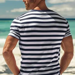 Men's T Shirt Tee Top Short Sleeves Crew Neck Summer Striped Fashion Designer Basic Front Pocket Vacation Street Going out Black Red Navy Blue Top Tee for Men
