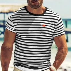Men's T Shirt Tee Top Short Sleeves Crew Neck Summer Striped Fashion Designer Basic Front Pocket Vacation Street Going out Black Red Navy Blue Top Tee for Men
