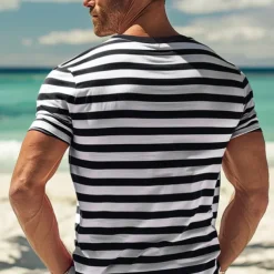 Men's T Shirt Tee Top Short Sleeves Crew Neck Summer Striped Fashion Designer Basic Front Pocket Vacation Street Going out Black Red Navy Blue Top Tee for Men