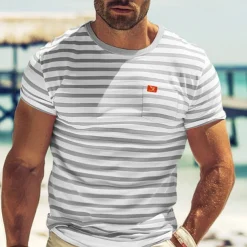 Men's T Shirt Tee Top Short Sleeves Crew Neck Summer Striped Fashion Designer Basic Front Pocket Vacation Street Going out Black Red Navy Blue Top Tee for Men