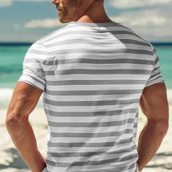 Men's T Shirt Tee Top Short Sleeves Crew Neck Summer Striped Fashion Designer Basic Front Pocket Vacation Street Going out Black Red Navy Blue Top Tee for Men