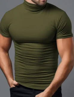 Men's T Shirt Tee Top Short Sleeves Turtleneck Summer Plain Fashion Designer Basic Vacation Street Going out Black White Green Top Tee for Men