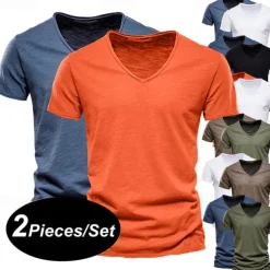 Men's T Shirt Tee Top Short Sleeves V Neck Summer Plain Fashion Designer Basic V Neck Vacation Street Going out White+Black White and Blue Orange / Green Top Tee for Men