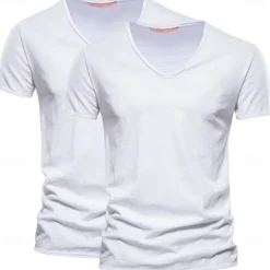 Men's T Shirt Tee Top Short Sleeves V Neck Summer Plain Fashion Designer Basic V Neck Vacation Street Going out White+Black White and Blue Orange / Green Top Tee for Men