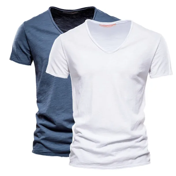 Men's T Shirt Tee Top Short Sleeves V Neck Summer Plain Fashion Designer Basic V Neck Vacation Street Going out White+Black White and Blue Orange / Green Top Tee for Men