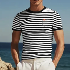 Men's T Shirt Tee Top Short Sleeves Crew Neck Summer Striped Fashion Designer Basic Front Pocket Vacation Street Going out Black Red Light Gray Top Tee for Men