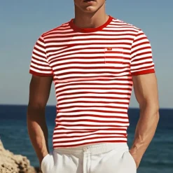 Men's T Shirt Tee Top Short Sleeves Crew Neck Summer Striped Fashion Designer Basic Front Pocket Vacation Street Going out Black Red Light Gray Top Tee for Men