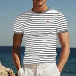 Men's T Shirt Tee Top Short Sleeves Crew Neck Summer Striped Fashion Designer Basic Front Pocket Vacation Street Going out Black Red Light Gray Top Tee for Men