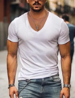 Men's T Shirt Tee Top Short Sleeves V Neck Summer Plain Designer Basic Modern Contemporary Classic Style Vacation Street Going out Black White Pink Top Tee for Men