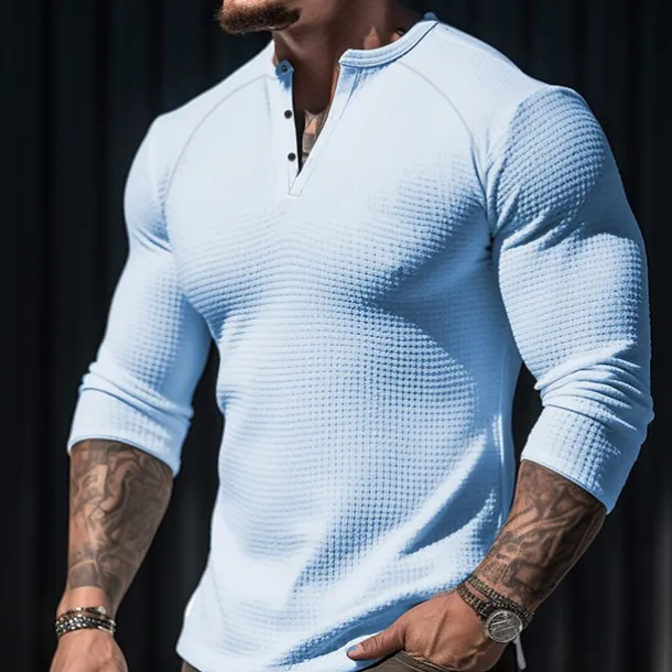 Men's T shirt Tee Waffle Henley Shirt Henley Shirt Tee Top Long Sleeve Shirt Plain Henley Street Vacation Long Sleeve Clothing Apparel Fashion Designer Basic