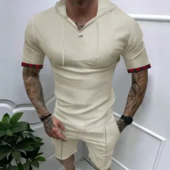 Men's T Shirt T-shirt Suits Tee Tee Top Short Sleeve Hooded Spring & Summer Plain Fashion Designer Basic 2 Piece Vacation Street Going out Black White Royal Blue Top Tee for Men