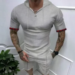 Men's T Shirt T-shirt Suits Tee Tee Top Short Sleeve Hooded Spring & Summer Plain Fashion Designer Basic 2 Piece Vacation Street Going out Black White Royal Blue Top Tee for Men