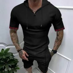 Men's T Shirt T-shirt Suits Tee Tee Top Short Sleeve Hooded Spring & Summer Plain Fashion Designer Basic 2 Piece Vacation Street Going out Black White Royal Blue Top Tee for Men