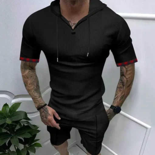 Men's T Shirt T-shirt Suits Tee Tee Top Short Sleeve Hooded Spring & Summer Plain Fashion Designer Basic 2 Piece Vacation Street Going out Black White Royal Blue Top Tee for Men