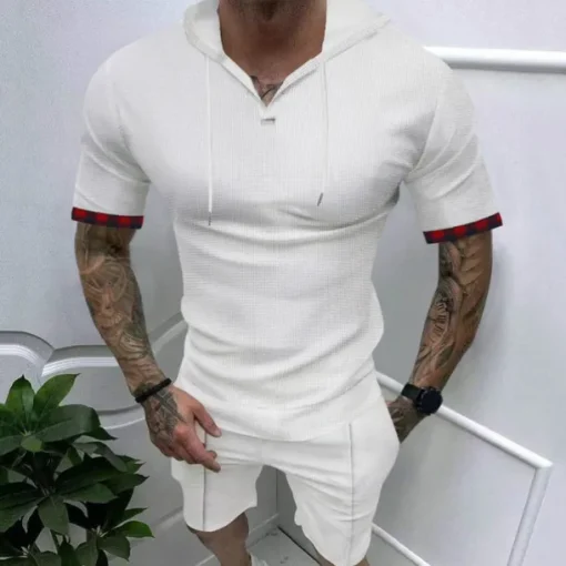 Men's T Shirt T-shirt Suits Tee Tee Top Short Sleeve Hooded Spring & Summer Plain Fashion Designer Basic 2 Piece Vacation Street Going out Black White Royal Blue Top Tee for Men