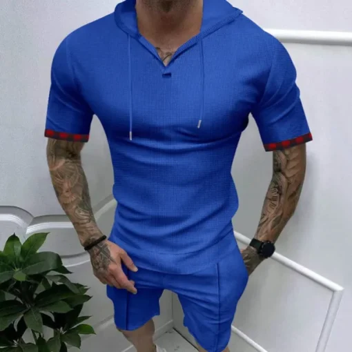 Men's T Shirt T-shirt Suits Tee Tee Top Short Sleeve Hooded Spring & Summer Plain Fashion Designer Basic 2 Piece Vacation Street Going out Black White Royal Blue Top Tee for Men