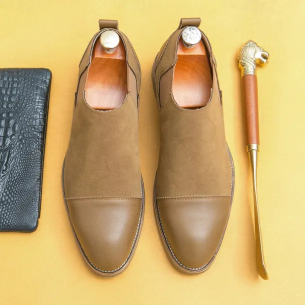 Men's Tan Chelsea Boots with Faux Leather and Suede Upper – Slip-On Elastic Design, Casual and Comfortable for Daily Wear or Semi-Formal Occasions