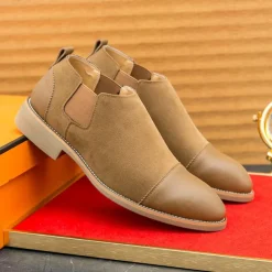 Men's Tan Chelsea Boots with Faux Leather and Suede Upper – Slip-On Elastic Design, Casual and Comfortable for Daily Wear or Semi-Formal Occasions